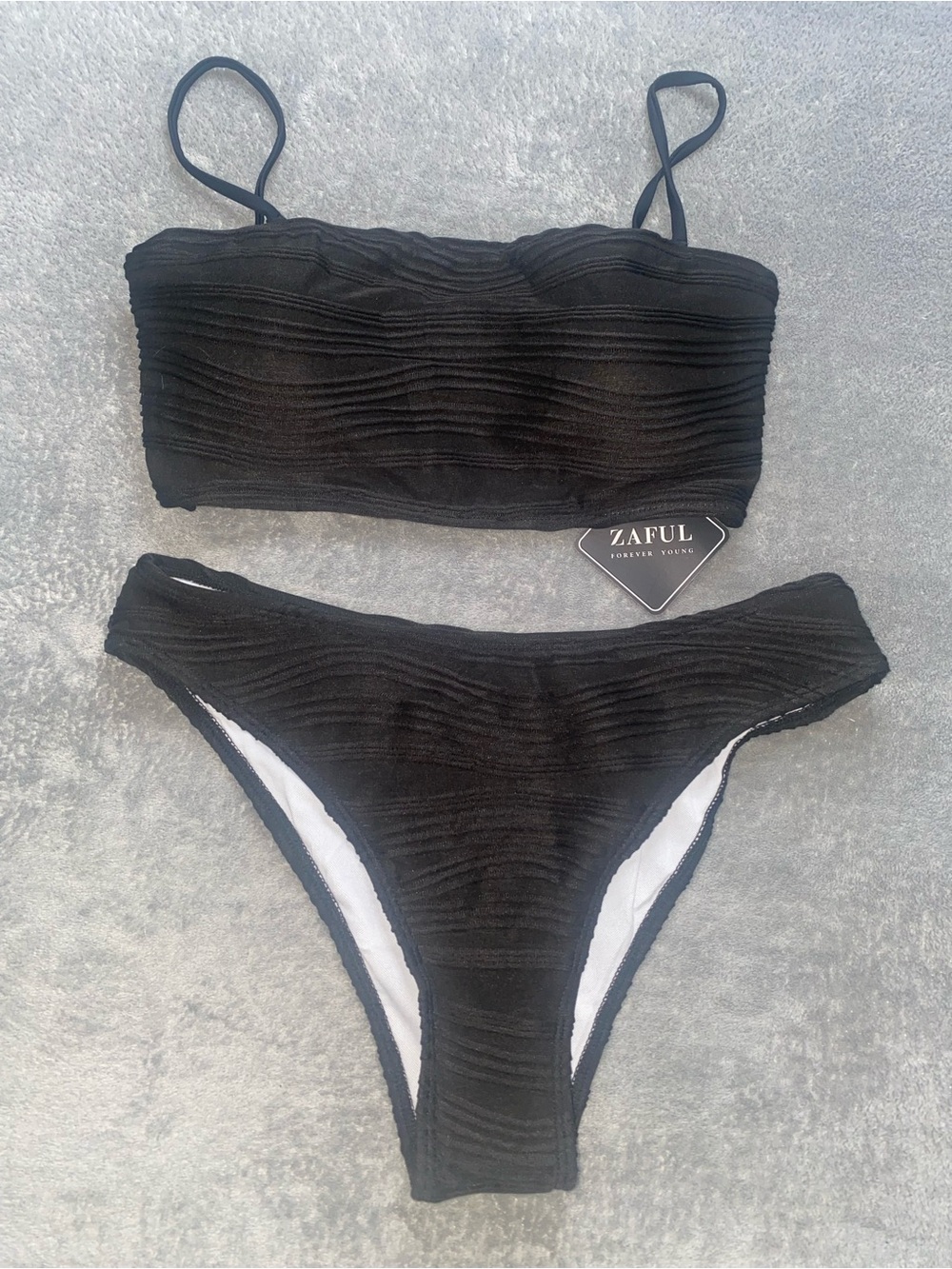 Zaful Black Wave Textured Bikini Set Size 6 (Small Fit) Strappy NWOT